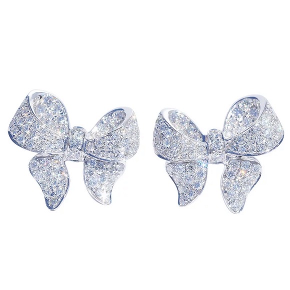 Jewelry - Sterling Silver plated Cute Bow CZ Stud Earrings